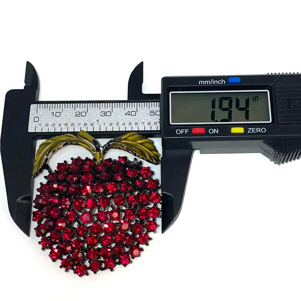Weiss Red Rhinestone Apple Brooch Pin, Japanned Black Setting, Enamel Leaves